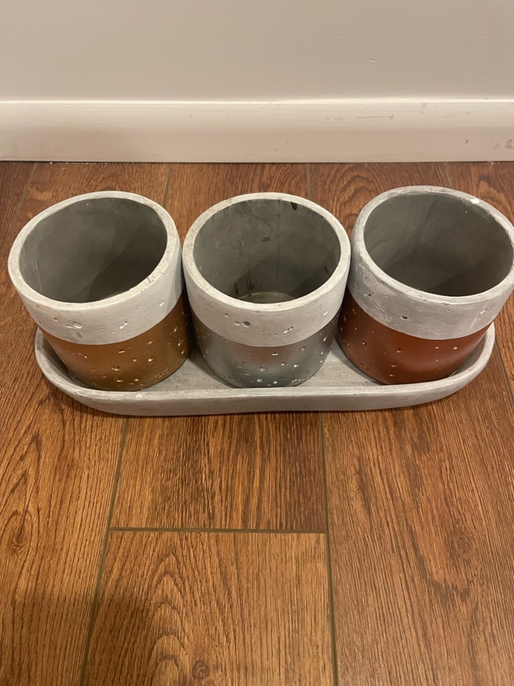 Set of 3 Concrete Planters with Tray - Gray, Gold, Copper
